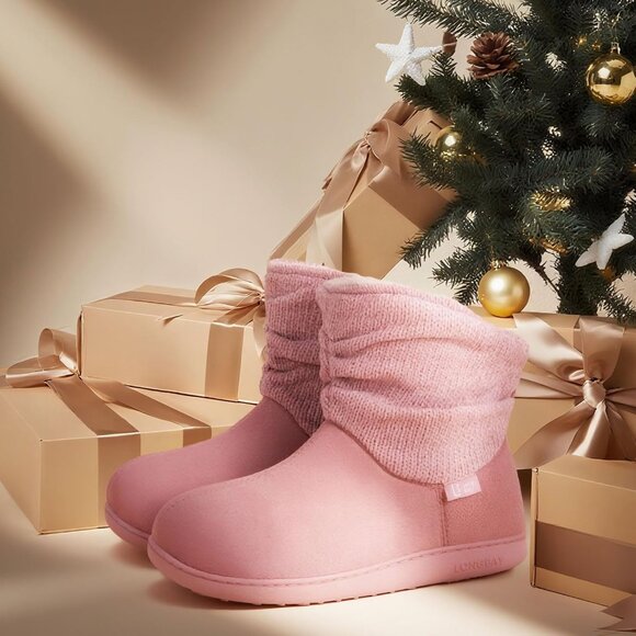 Women's Pink Blue LongBay Chenille Knit Bootie Slippers Memory Faux Fur Suede - Picture 6 of 6